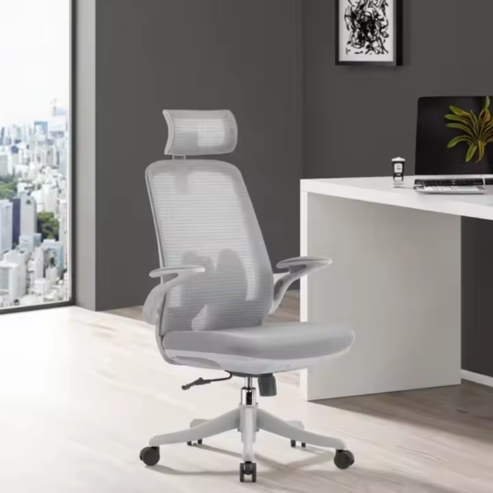 2327A White Frame Grey High Back Office Chair – Ergonomic Mesh Back, 3D Armrest, Adjustable Swivel CEO Chair - Image 2