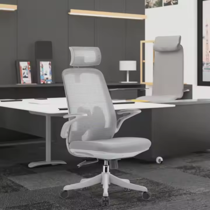 2327A White Frame Grey High Back Office Chair – Ergonomic Mesh Back, 3D Armrest, Adjustable Swivel CEO Chair - Image 3