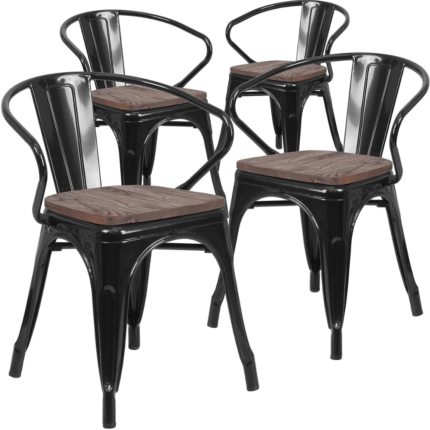 Y-602B Metal Dining Chair – Vintage Industrial Stackable Iron Chair with Wooden Seat & Back for Indoor/Outdoor – Bistro, Café, Kitchen, Home