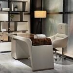 Modern Luxury Office Desk – Handmade Natural Wood Veneer Parquet (7# Color) with Microfiber, Embroidery & Premium Hardware Frame