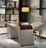 Modern Luxury Office Desk – Handmade Natural Wood Veneer Parquet (7# Color) with Microfiber, Embroidery & Premium Hardware Frame