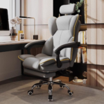 801 – PU Gray Ergonomic Executive Office Chair with Headrest & Footrest | Reclining Swivel Boss Chair